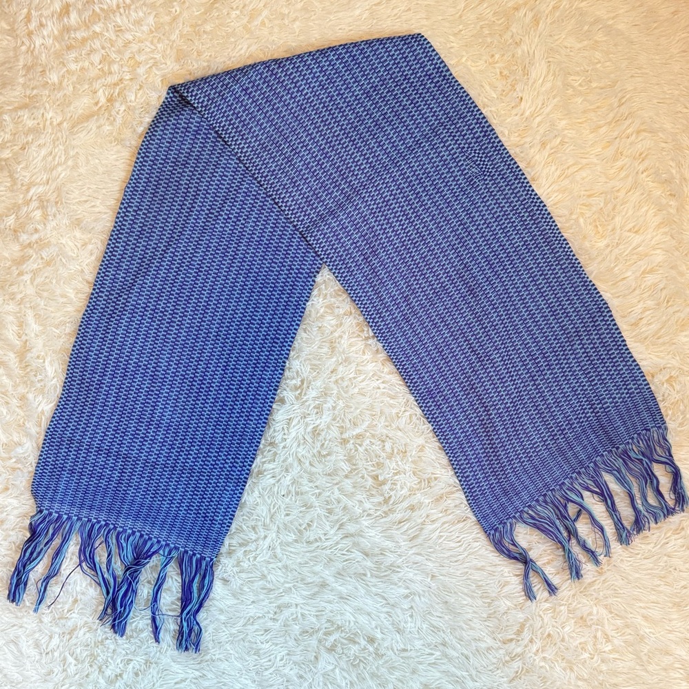 Blue Houndstooth Scarf with Fringe